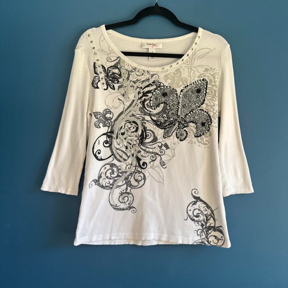 Y2K Ribbed Tee Women's Size Small White Black Studded Grommet Style & Co. Emo